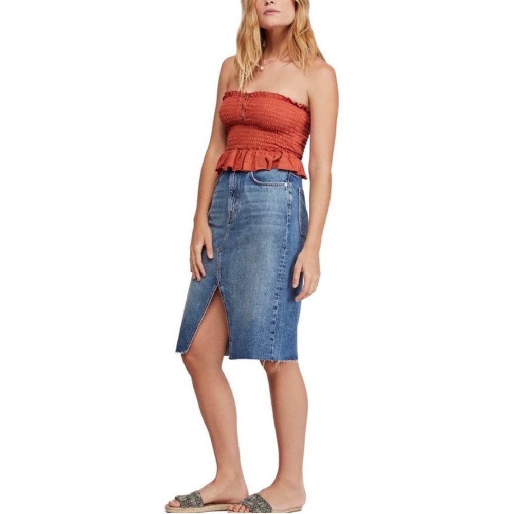 Free People We The Free Suzanne Midi Denim Skirt Size 2 Indigo Distressed